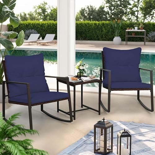 SUNCROWN 3 Piece Outdoor Rocking Bistro Set Brown Wicker Furniture Porch Chairs Conversation Sets with Glass Coffee Table, Dark Blue thumbnail 4