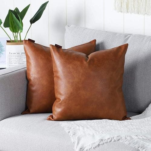 MANDIOO Set of 2 Faux Leather Decorative Throw Pillow Covers Modern Solid Outdoor Cushion Cases Luxury Pillowcases for Couch Sofa Bed 18x18 Inches Brown - Image 1