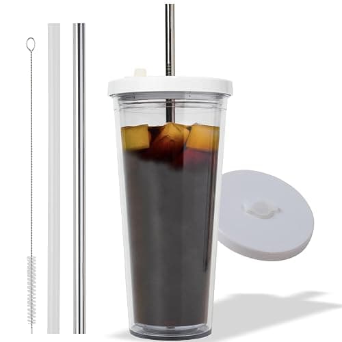 Reusable Iced Coffee Cup (24 Oz/Venti), Leak Proof and Double Wall Insulated Iced Coffee Tumbler, Come with Reusable Plastic and Metal Straws and Straw Cleaner - White - Image 1