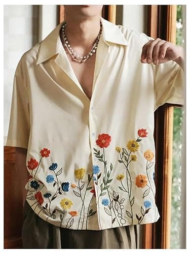 RoseSeek Men's Floral Button Down Shirts Short Sleeve Drop Shoulder Beach Casual Dress Collared Shirts Tops thumbnail 2