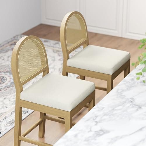 STHOUYN Upholstered Rattan Bar Stools Set of 4, Wooden Counter Height Stools with Natural Rattan Woven Back and Chenille Seat, Mid-Century Modern Island Chairs Barstools for Kitchen (4, Cream White) thumbnail 4