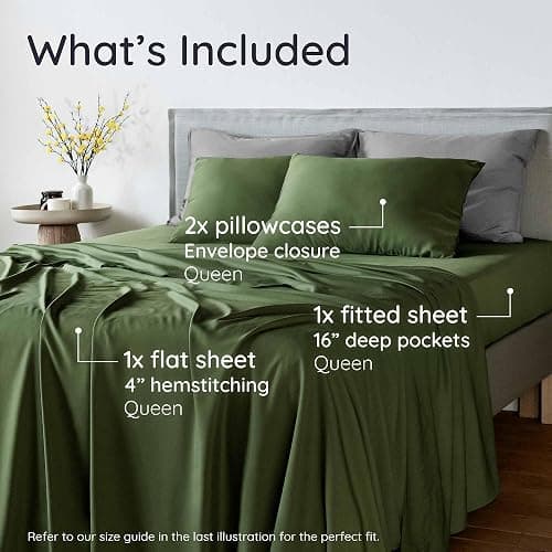Bambaw 100% Viscose Derived from Bamboo Sheets Queen Size Set – 4pcs Cooling Sheet Set, Super Soft Sheets Queen Size, Luxury Bedding, Deep Pocket Fits Up to 16'' Mattresses (Olive) thumbnail 2
