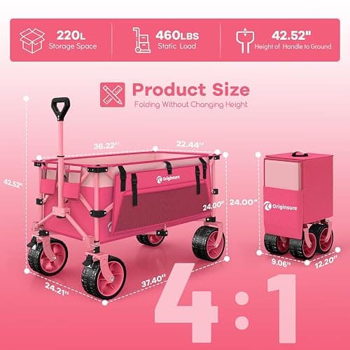 Originsure 220L Collapsible Wagon Cart Foldable, 460lbs Load Capacity Heavy Duty Folding Beach Wagons with Big All-Terrain Wheels, Utility Carts for Groceries, Camping, Sports - Pink thumbnail 2