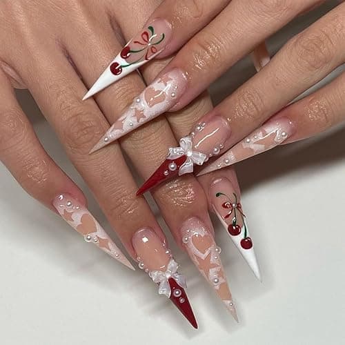 IMRAIN Long Press on Nails Stiletto Red French Tips Fake Nails Full Cover Glossy Acrylic Nails Press ons Cute Cherry & Bow Designs Glue Stick on False Nails for Women 24Pcs - Image 1