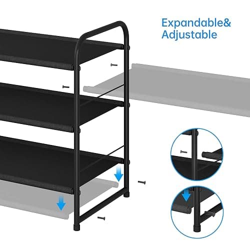 Simple Trending 3 Tier Stackable Shoe Rack, Expandable Adjustable Fabric Shoe Shelf Storage Organizer, Black thumbnail 5