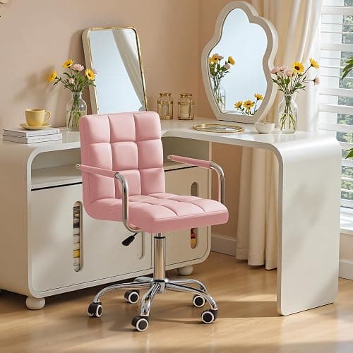 Furmax Mid-Back Office Task Chair Ribbed PU Leather Executive Chair Modern Adjustable Home Desk Retro Comfortable Work Chair 360 Degree Swivel with Arms (Light Pink) thumbnail 2
