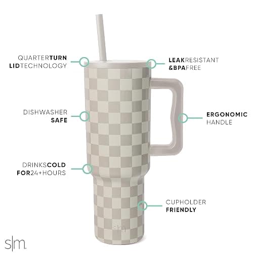 Simple Modern 40 oz Trek Tumbler with Handle and Straw Lid | Cup Holder Friendly Insulated Stainless Steel Travel Mug | Checkmate thumbnail 3