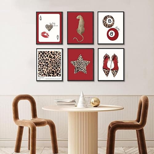 6Pcs Trendy Leopard Wall Art Prints Funky Red Lucky 8 Ball Posters Vintage Preppy Room Aesthetic Cheetah Wall Decor Pictures for Girly Bedroom Apartment Dorm Unframed (10L" x 8W") thumbnail 6