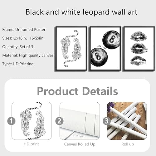 3Pcs Unframed Black White Funky Cheetah Wall Art Trendy Lucky 8 Ball Kiss Lips Painting Retro Y2K Aesthetic Canvas Poster Prints for Girls Bedroom Apartment Dorm Decorations(12x16in Poster) thumbnail 6