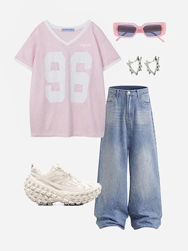 Aelfric Eden Shirt Unisex Y2K 96 Mesh Football Jersey Short Sleeve Tops | V Neck Off Shoulder Streetwear Tshirt, Oversized Casual Cute Summer Top, Vintage Number Print, Breathable Mesh Graphic Tees thumbnail 7
