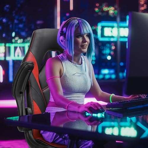 Sweetcrispy Computer Gaming Desk Chair - Ergonomic Office Executive Adjustable Swivel Task PU Leather Racing Chair with Flip-up Armrest for Adults, Kids, Men, Girls, Gamer, Black Red thumbnail 6