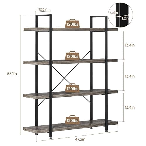 OtterOasis Heavy Duty 4-Tier Industrial Bookcase, 47" Wide Wood Bookshelf for Home Office, 120lbs Shelf Capacity, Rustic Shelving Display with Reinforced Horizontal Shelf for Living Room Bedroom,Grey thumbnail 2