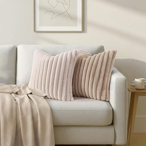 Simmore Faux Fur Striped Beige Throw Pillow Covers 20x20 Set of 2 | Fall Soft Plush Decorative Ribbed Cozy Modern Farmhouse Pillow Covers Velvet Back for Couch Sofa Bed Living Room thumbnail 5