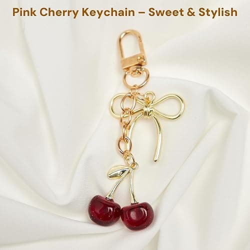 YDF Cherry Keychain Cute Bag Charm Women Leather Keyring Car Keys Gift Mother's Day Birthday Valentine's Purse Accessory - Red thumbnail 2