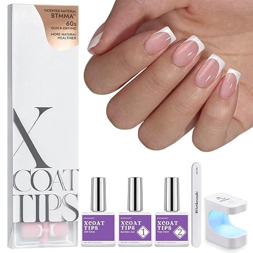 BTArtboxnails XCOATTIPS Gel Nail Kit - Short Squre French Tip Press on Nails Kit, Pink Soft Gel Nail Tips with Nail Gel, French Protecing Duo and Nail Lamp for Gift Home DIY - Image 1