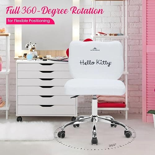 Impressions Vanity Hello Kitty Teddy Swivel Vanity Chair for Makeup Desk, Armless Rolling Chair with Wheels, Adjustable Height, 360 Degree Swing, Comfy Foam Padded Seat and Backrest (Teddy White) thumbnail 4