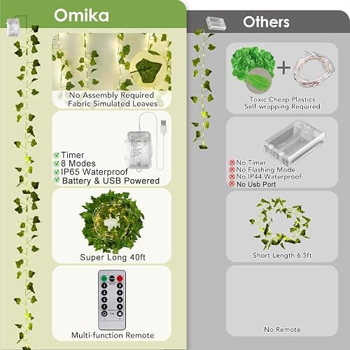 40ft 120 LED Vine Fairy Lights Battery Operated, 8 Modes & Timer Ivy String Lights with Remote, Green Leaf Lights for Indoor Bedroom Classroom Office Wall Garden Party Wedding Decor (Warm White) thumbnail 3