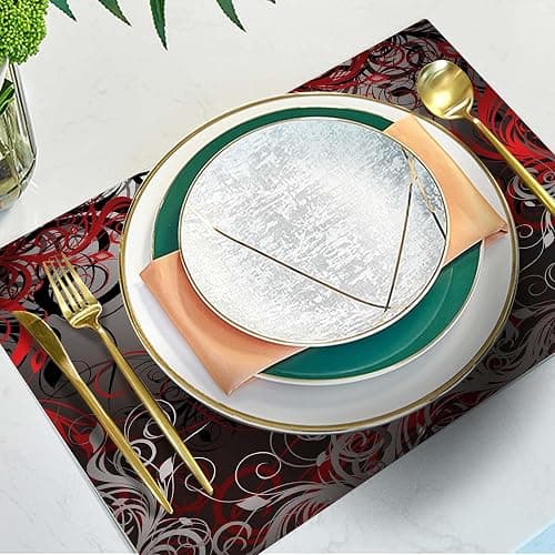 Mcalk Table Runner and Placemats Set of 6 Pieces,Mystic Gray Leaf Placemat,Cloth Place Mats Red Indoor for Kitchen,Washable Placemats Floral Print Linen Material for Dining Table thumbnail 2
