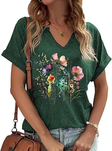 PUCKOLITY Vintage Flowers V Neck Shirt for Women Boho Floral Wildflowers Graphic Tee Casual Cottagecore Summer T Shirt - Image 1