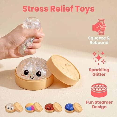 Dumpling Squishy Mystery Box, Slow Rising Glitter Squishy Dumpling Toy, Anxiety Relief Fidget, Stocking Stuffers with Food Steamer Stretchy Desk Toys (Glitter White) thumbnail 7