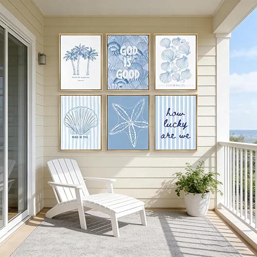 Kabcod 6Pcs Blue Coastal Wall Art,Beach Preppy Poster,Coastal Granddaughter Canvas Prints,Aesthetic Beachy Picture,Coast Ocean Shell Artwork,for Girls Girly Dorm Home Decor 8x10x6 Inch Unframed thumbnail 6