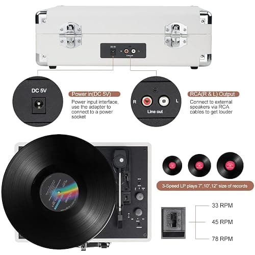 DIGITNOW! Turntable Record Player 3speeds with Built-in Stereo Speakers, Supports USB/RCA Output/Headphone Jack / MP3 / Mobile Phones Music Playback,Suitcase design thumbnail 3