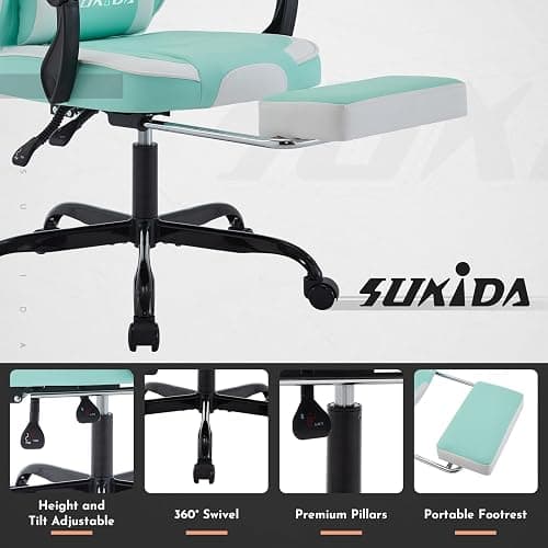 SUKIDA Gamers Choice Gaming Chair - Gaming Chairs for Adults 300lbs, Ergonomic Gamer Gamingchair with Footrest Cool Pc Computer Comfy Leather Swivel Recliner Adjustable Massage Lumbar, Green Blue thumbnail 6