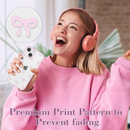 EYZUTAK Case for iPhone 13, Clear Cute Ribbon Bowknot Pattern Aesthetic Transparent Phone Case Raised Camera Protection Stylish Slim Soft Durable TPU Protective Cover for Women Girls - Pink thumbnail 6