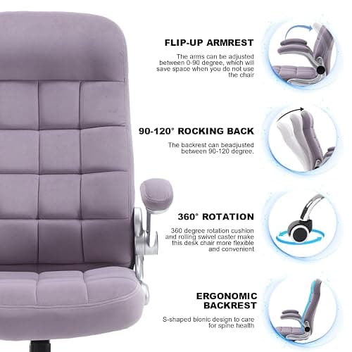 REFICCER High Back Fabric Office Chair Purple, Velvet Executive Desk Chairs with Flip-Up Arms, Ergonomic Office Chairs with Lumbar Support, Upholstered Home Computer Swivel Chair with Wheels thumbnail 4