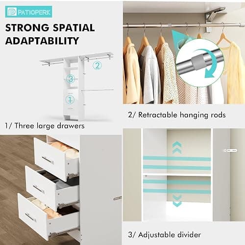 PatioPerk Closet System with Drawers, 8FT Walk in Closets Organizer with 3 Shelving Towers, 96" Wooden Storage Systems with Hanging Pods, Built-in Garment Rack for Bedroom thumbnail 4