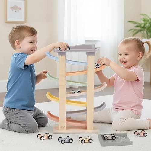 Joyreal Jouet Bebe 1 2 an - Rampe Voiture en Bois, Jeux Montessori avec 8 Mini Voiture Enfant et Un Garage Bois Jouet Cadeau Garcon Fille Enfant thumbnail 2