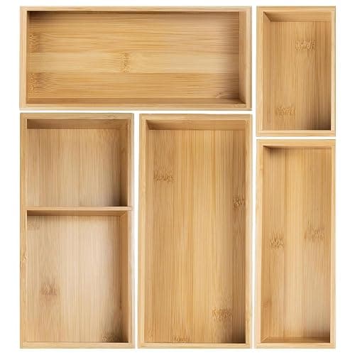 Acidea Bamboo Drawer Organizer Set, 5Pcs Multi-purpose Individual Storage Organizer, Junk Drawer Divider and Storage Trays Containers for Kitchen, Bathroom, Office Desk, Makeup, Jewelry, Utensils - Image 1