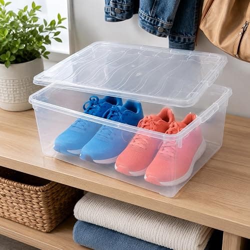 Basicwise Shoe Container – Clear 6 Quart Stackable Box with Lid, Small Plastic Bin for Shoes, Closet Organizer, Secure-Fit, See-Through, 10.5 x 14 x 5.5 in thumbnail 2