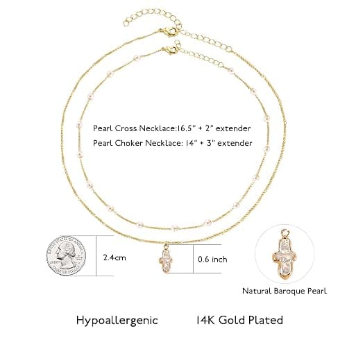 PEALICIOUS Gold Cross Necklace for Women, 14K Gold Chunky Necklace Dainty Paperclip Jewelry with Choker Layered Cross Pendant for Trendy Baroque Jewelry, Paperclip Chain Set with Freshwater Pearl thumbnail 5