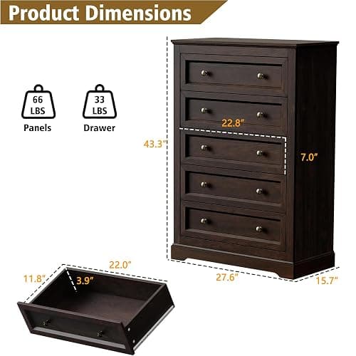 LOUVIXA Farmhouse Bedroom Sets of 4, Including 9 Drawer Dresser, 5 Drawer Dressers and Nightstand Set of 2 with Charging Station (Brown Sets, 4 Pieces) thumbnail 4