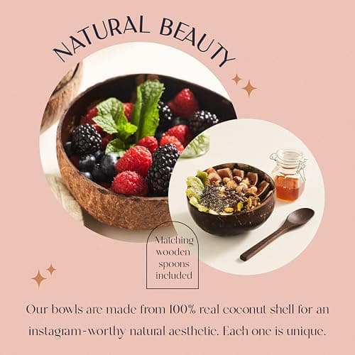 COCOBOWLCO Coconut Bowl Set with Wooden Spoons – White Elephant Gifts For Adults, Christmas Gifts. Eco-Friendly Acai Bowls, Yogurt Bowls & Smoothie Bowl – Ideal for Ninja Creami (4, Polished) thumbnail 4