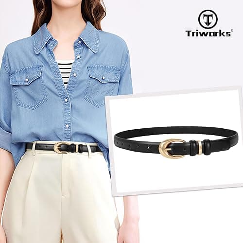 TRIWORKS Women Leather Belt for Jeans Pants Fashion Ladies Skinny Faux Leather Dress belt with Gold Buckle thumbnail 3