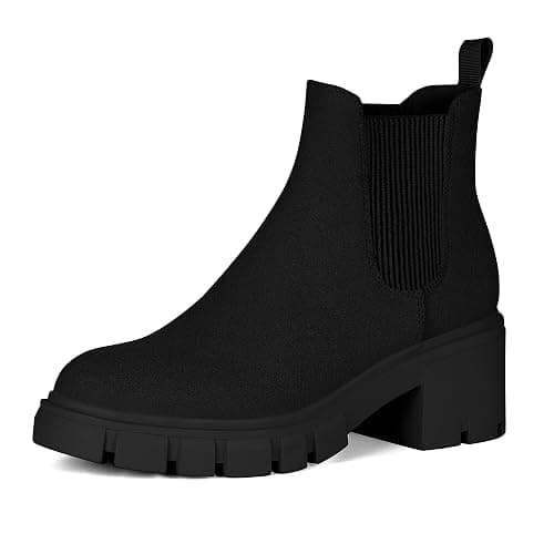 Athlefit Women's Chelsea Boots Fashion Lug Sole Chunky Heel Slip on Elastic Ankle Booties - Image 1