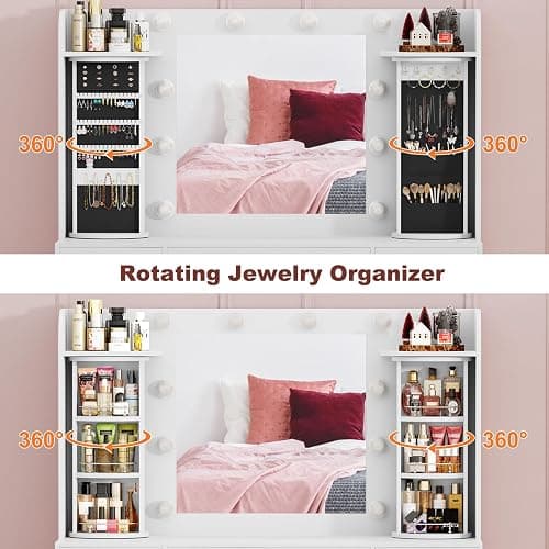 EasyCom Vanity Desk with Rotating Jewelry Organizers, Makeup Vanity with Mirror and Lights, Dressing Table with USB-C Charging Station, 3 Drawers and 2 Cabinets for Bedroom, Dressing Room, White thumbnail 3