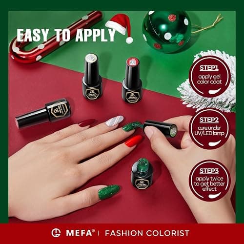 MEFA Christmas Gel Nail Polish Set, 6 Colors Burgundy Red Dark Green Glitter Gel Polish Silver Gold Sparkle Nail Polish Manicure Soak Off Salon Gifts for Women Girl thumbnail 7