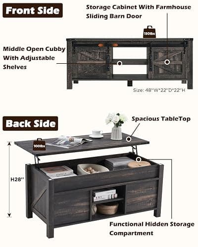 OKD 48" Farmhouse Lift Top Coffee Table with Sliding Barn Door,Rustic Center Table with Hidden Storage Compartment,Lifting Tabletop and Adjustable Shelf for Living Room,Office,Dark Rustic Oak thumbnail 3