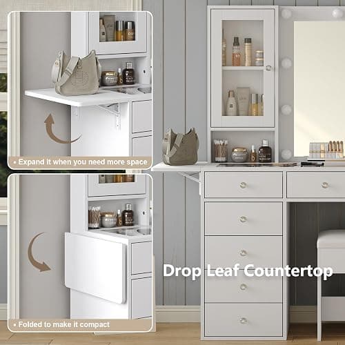 Vanity with Mirror and 10 LED Lights,Vanity Desk with Power Outlet, Makeup Vanity with 12 Drawers and 2 Cabinets, Fold-up Panel, Glass Top Vanity Table with Chair for Bedroom, White thumbnail 8