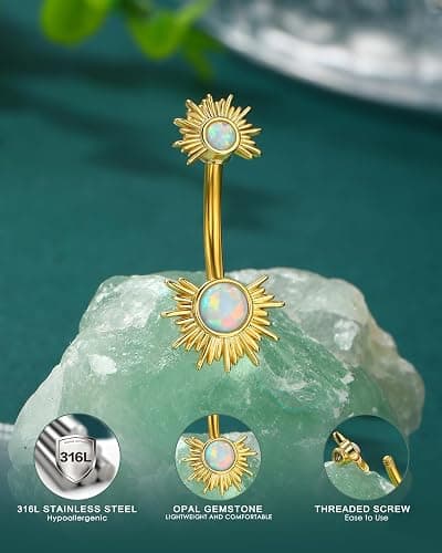 COCHARM Belly Button Rings, 14G Sun Belly Navel Rings for Women, Stainless Steel Belly Navel Piercing Jewelry thumbnail 3