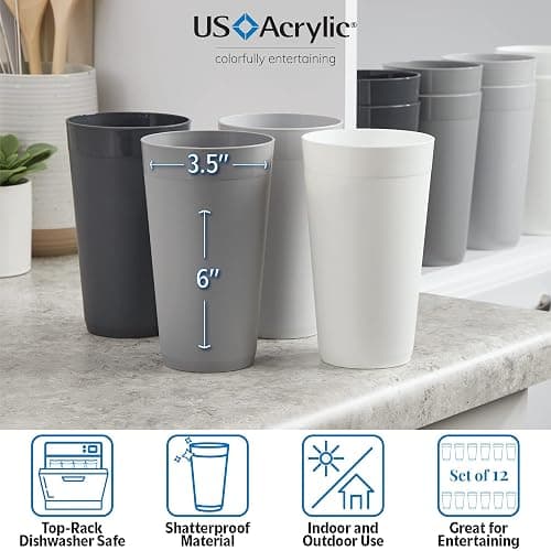 US Acrylic Newport 20 ounce Unbreakable Plastic Stackable Water Tumblers in Grey Stone | Set of 12 Drinking Cups | Reusable, BPA-free, Made in the USA, Top-rack Dishwasher and Microwave Safe thumbnail 3
