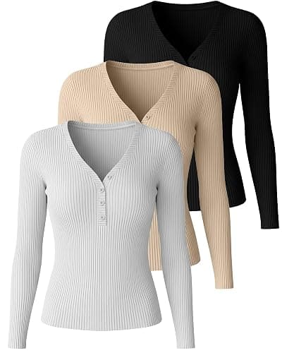 Huukeay 3 Pack Women's Ribbed Henley Long Sleeve Shirts, Button V Neck Tunic Tops Slim Fit Casual Soft Basic Knit Tee Blouse thumbnail 2