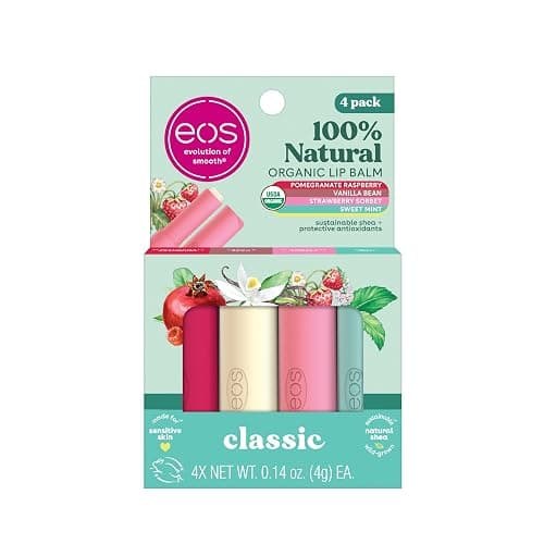 eos 100% Natural & Organic Lip Balm Sticks- Strawberry Sorbet, Vanilla Bean, Sweet Mint & Pomegranate Raspberry, Lip Care Products, 0.14 oz, 4-Pack - Image 1