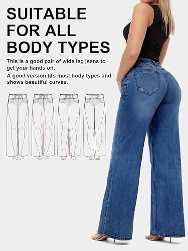 ONESO Mid-Low Rise Baggy Jeans Wide Leg for Women Distressed Pants Stretchy Bottom Lady Basic Comfortable Denim thumbnail 6