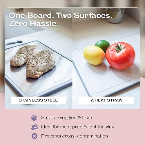 Non-Toxic Cutting Board – Double-Sided Stainless Steel & Wheat Straw – Dishwasher Safe, BPA-Free, Juice Groove, Built-In Knife Sharpener, Non-Slip – 14.4” x 9.8” Kitchen Chopping Board thumbnail 7