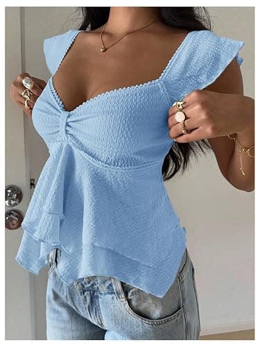 RoseSeek Women's Flowy Going Out Tank Top Sweetheart Neck Cap Sleeve Summer Ruffle Elegant Crop Tops thumbnail 5
