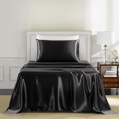 GOLAL Satin Sheets Twin Size - 3 Pieces Luxury Silky Soft Bed Sheets for Kids, Wrinkle-Free Black Satin Silk Sheet Set with 1 Deep Pocket Fitted Sheet, 1 Flat Sheet, 1 Pillow case thumbnail 2
